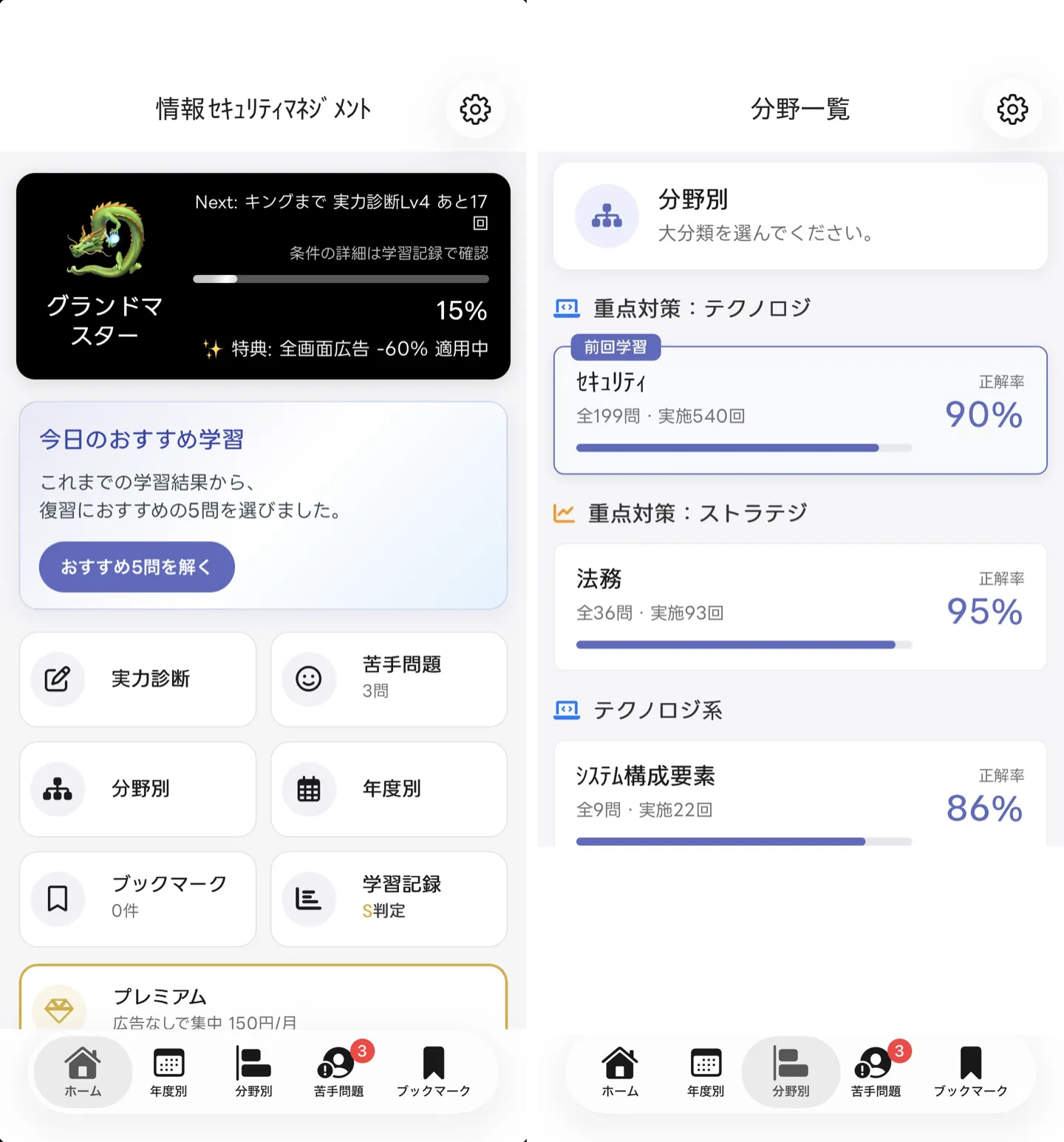 アプリの画面。左はホーム画面、右は分野別画面でセキュリティ90%・法務95%・システム構成要素86%など分野ごとの正答率が表示されている。